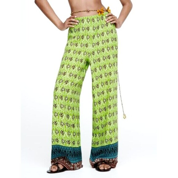ZARA GREEN PRINT WIDE LEG AFRICAN MOTIF FLOWY BOHO PANT- M - Picture 1 of 6